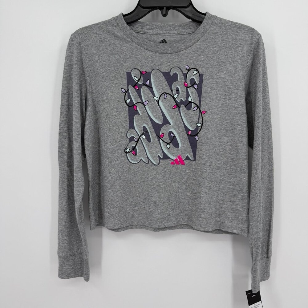 Adidas Girls' Gray Christmas Lights Long Sleeve Graphic T-Shirt size L/14 Large